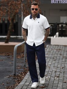 Manfinity Homme 男士舒適素色提花短袖襯衫與斜紋彈性腰長褲2件套，刺繡，休閒度假風，海軍藍 - 彩色 - 查看 6