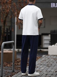 Manfinity Homme 男士舒適素色提花短袖襯衫與斜紋彈性腰長褲2件套，刺繡，休閒度假風，海軍藍 - 彩色 - 查看 2