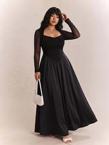 CovetEZ 大码黑色复古网眼拼接连衣裙 - 黑色 - 查看 1