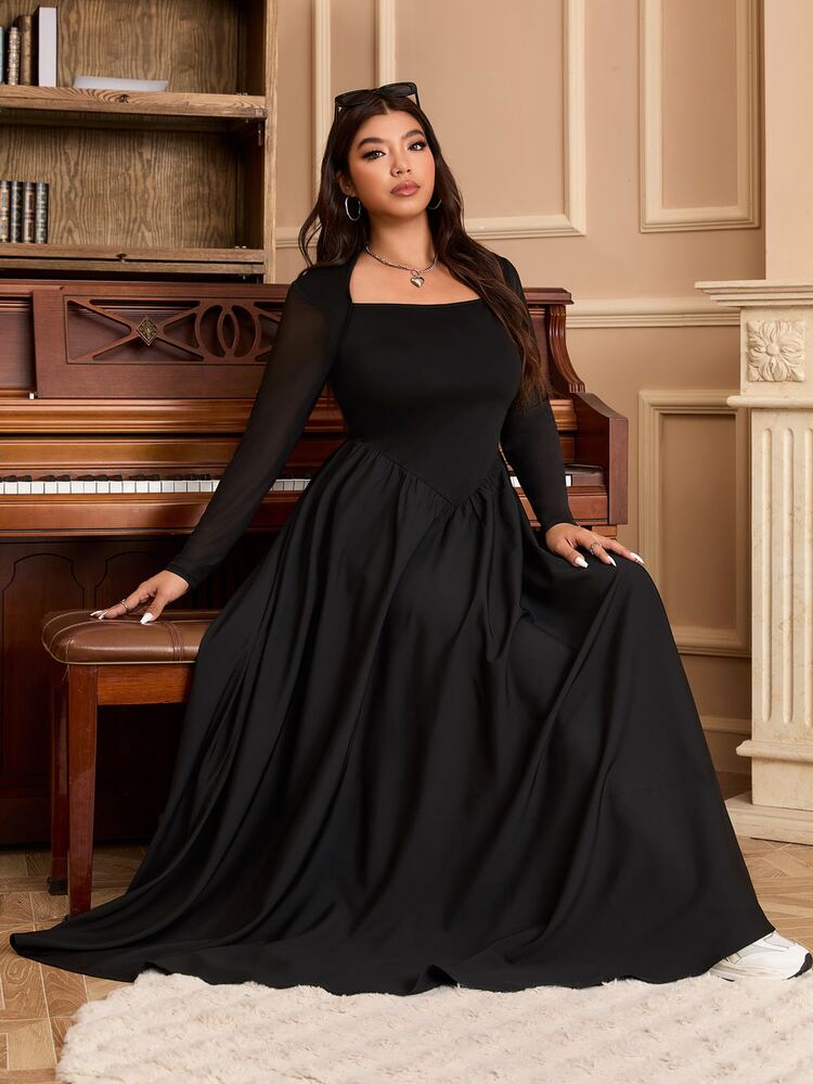 CovetEZ Plus Size Black Retro Mesh Panel Dress,Graduation Dress - Black - View 4