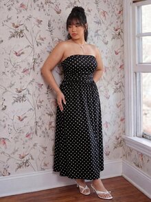 CovetEZ Vintage Polka Dot Maxi A-Line Dress, Casual Vacation Style, Plus Size, Spring/Summer - Black and White - View 3