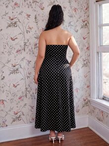 CovetEZ Vintage Polka Dot Maxi A-Line Dress, Casual Vacation Style, Plus Size, Spring/Summer - Black and White - View 2