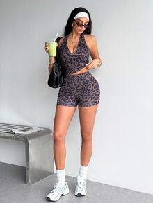 SHEIN Dewbera Women's 2-Piece Sports Set: V-Neck Leopard Print Halter Tank Top With Flared Hem And High-Waist Wide-Waist Side-Ruching Sports Shorts - Brown - View 3
