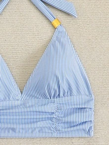 Swim Lushoire 2件組女款比基尼泳衣套裝 細條紋肩帶露背上衣搭配高腰泳褲 金色飾件 海灘度假風 - 藍白色 - 查看 5