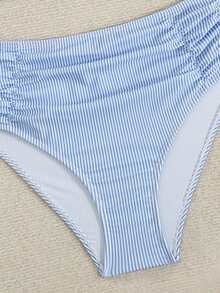 Swim Lushoire 2件組女款比基尼泳衣套裝 細條紋肩帶露背上衣搭配高腰泳褲 金色飾件 海灘度假風 - 藍白色 - 查看 8