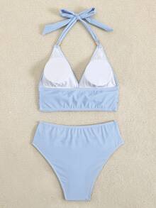 Swim Lushoire 2件組女款比基尼泳衣套裝 細條紋肩帶露背上衣搭配高腰泳褲 金色飾件 海灘度假風 - 藍白色 - 查看 4