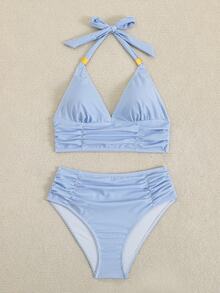 Swim Lushoire 2件組女款比基尼泳衣套裝 細條紋肩帶露背上衣搭配高腰泳褲 金色飾件 海灘度假風 - 藍白色 - 查看 9