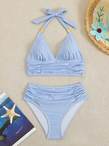 Swim Lushoire 2件組女款比基尼泳衣套裝 細條紋肩帶露背上衣搭配高腰泳褲 金色飾件 海灘度假風 - 藍白色 - 查看 7