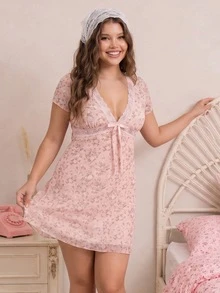 CovetEZ Vestido casual negro con cuello en V y parches de encaje, primavera/verano - Rosa - Ver 4