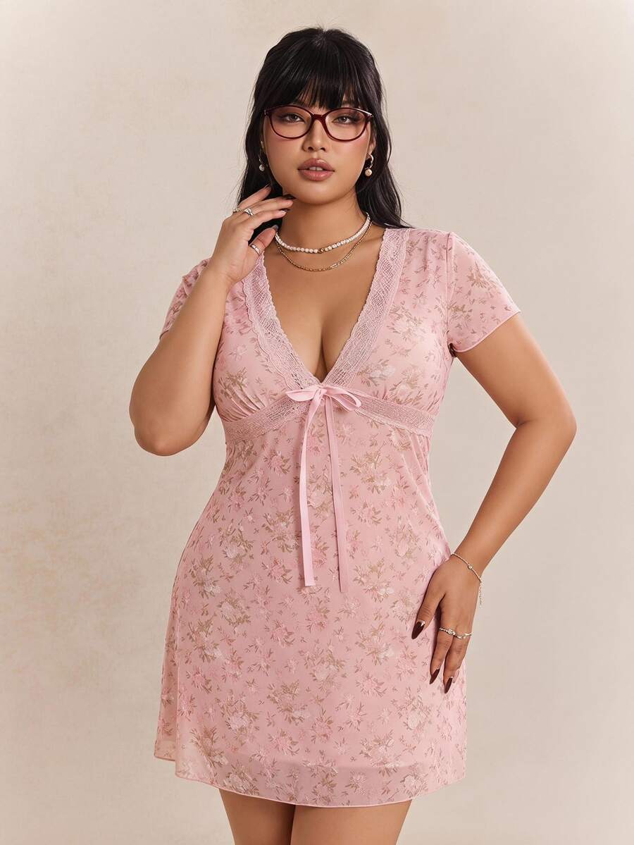 CovetEZ Vestido casual negro con cuello en V y parches de encaje, primavera/verano - Rosa - Ver 1