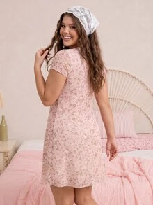 CovetEZ Vestido casual negro con cuello en V y parches de encaje, primavera/verano - Rosa - Ver 2