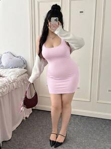 CovetEZ 大码女士纯色修身约会之夜派对连衣裙 - 粉色 - 查看 4