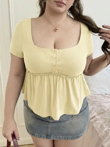 CovetEZ 加大码女式休闲方领短袖黄色T恤，夏季 - 鵝黃色 - 查看 4
