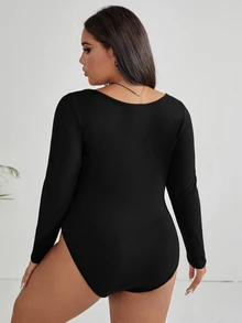 CovetEZ Bộ đồ liền thân dệt kim gân Plus Quần áo mùa xuân - màu đen - Xem 2