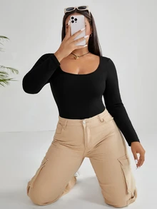 CovetEZ Bộ đồ liền thân dệt kim gân Plus Quần áo mùa xuân - màu đen - Xem 6