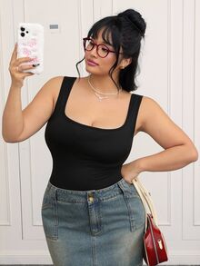 CovetEZ Plus Solid Low Back Tank Bodysuit - Black - View 6