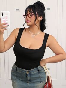 CovetEZ Plus Solid Low Back Tank Bodysuit - Black - View 3