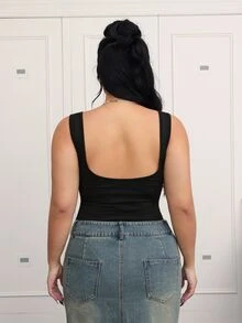 CovetEZ Plus Solid Low Back Tank Bodysuit - Black - View 2