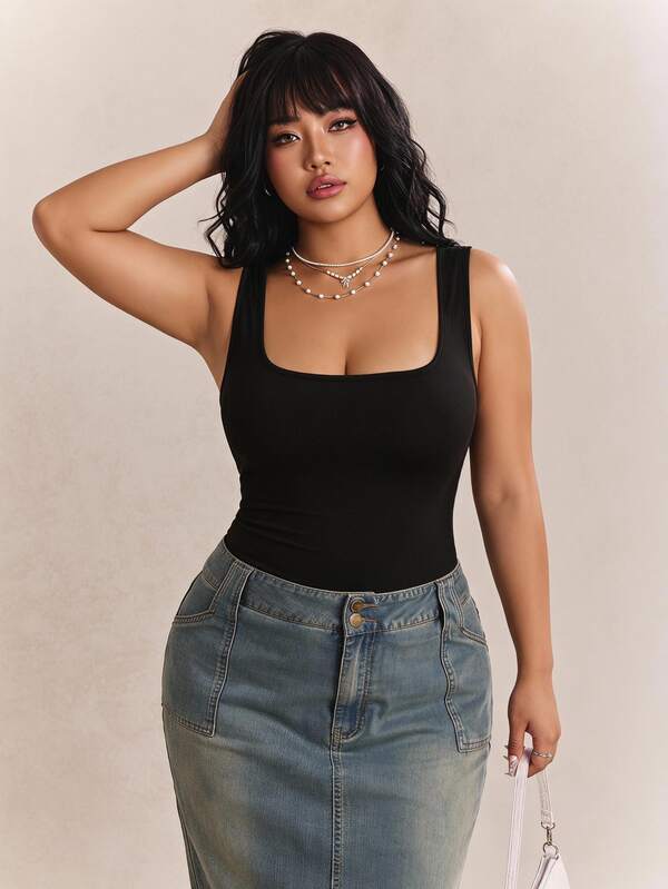 CovetEZ Plus Solid Low Back Tank Bodysuit