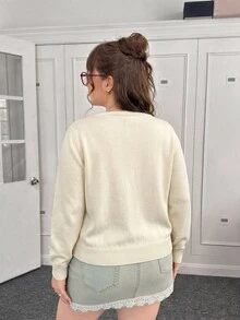 CovetEZ Autumn/Winter Medieval Business Casual Soft Form Deep V-Neck Solid Color Button-Up Plus Size Cardigan Holiday Beige Office Dates Tidur - Apricot - View 2