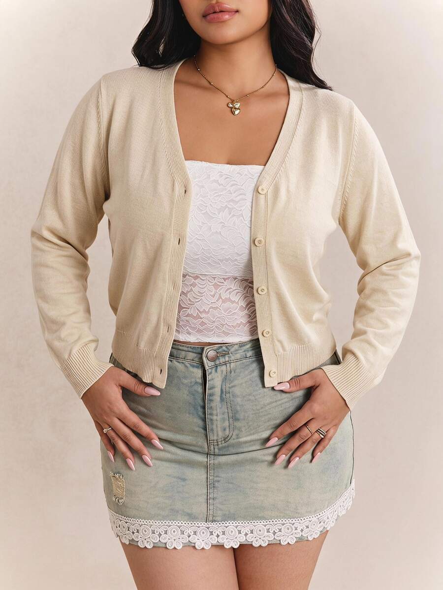 CovetEZ Autumn/Winter Medieval Business Casual Soft Form Deep V-Neck Solid Color Button-Up Plus Size Cardigan Holiday Beige Office Dates Tidur - Apricot - View 1