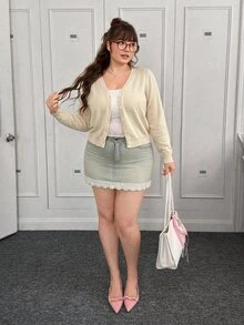 CovetEZ Autumn/Winter Medieval Business Casual Soft Form Deep V-Neck Solid Color Button-Up Plus Size Cardigan Holiday Beige Office Dates Tidur - Apricot - View 4