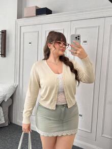 CovetEZ Autumn/Winter Medieval Business Casual Soft Form Deep V-Neck Solid Color Button-Up Plus Size Cardigan Holiday Beige Office Dates Tidur - Apricot - View 3