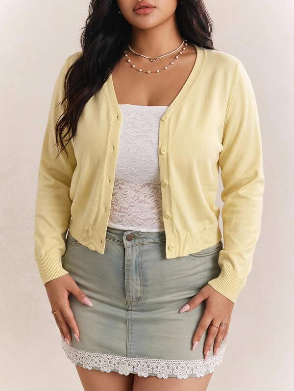 CovetEZ Plus Size Deep V-Neck Solid Color Button Cardigan, Autumn/Winter, Buttercup Yellow