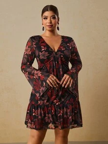 Travachic 大尺碼女款優雅花卉蝴蝶結長袖洋裝 - 彩色 - 查看 3
