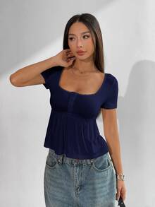 CovetEZ 大码女式休闲方领短袖黑色T恤上衣，夏季 - 藏蓝色 - 查看 9