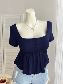 CovetEZ 大码女式休闲方领短袖黑色T恤上衣，夏季 - 藏蓝色 - 查看 11