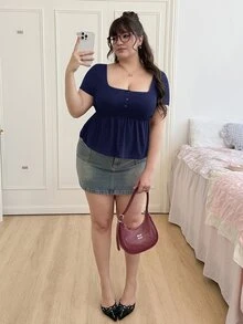 CovetEZ 大码女式休闲方领短袖黑色T恤上衣，夏季 - 藏蓝色 - 查看 3