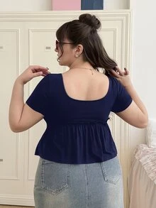 CovetEZ 大码女式休闲方领短袖黑色T恤上衣，夏季 - 藏蓝色 - 查看 2