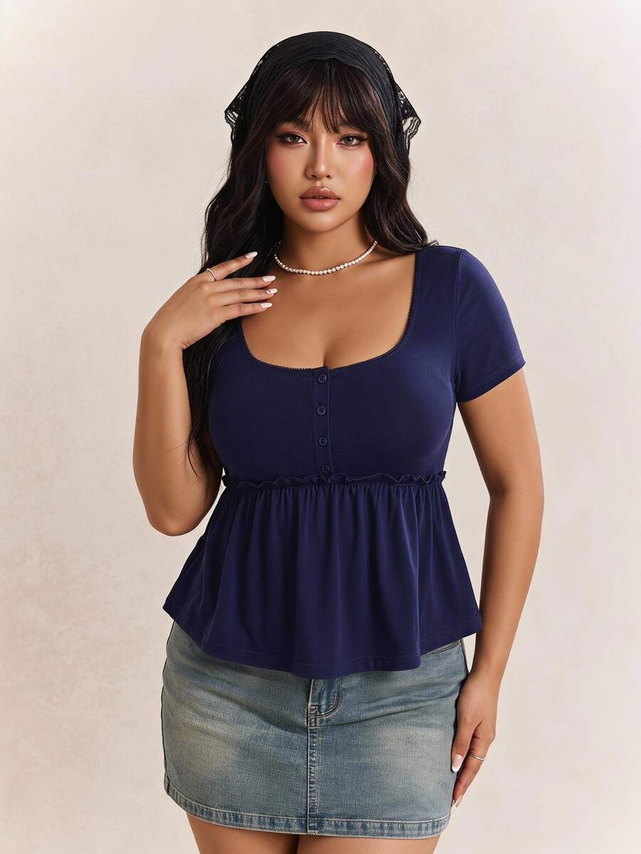 CovetEZ 大码女式休闲方领短袖黑色T恤上衣，夏季 - 藏蓝色 - 查看 1