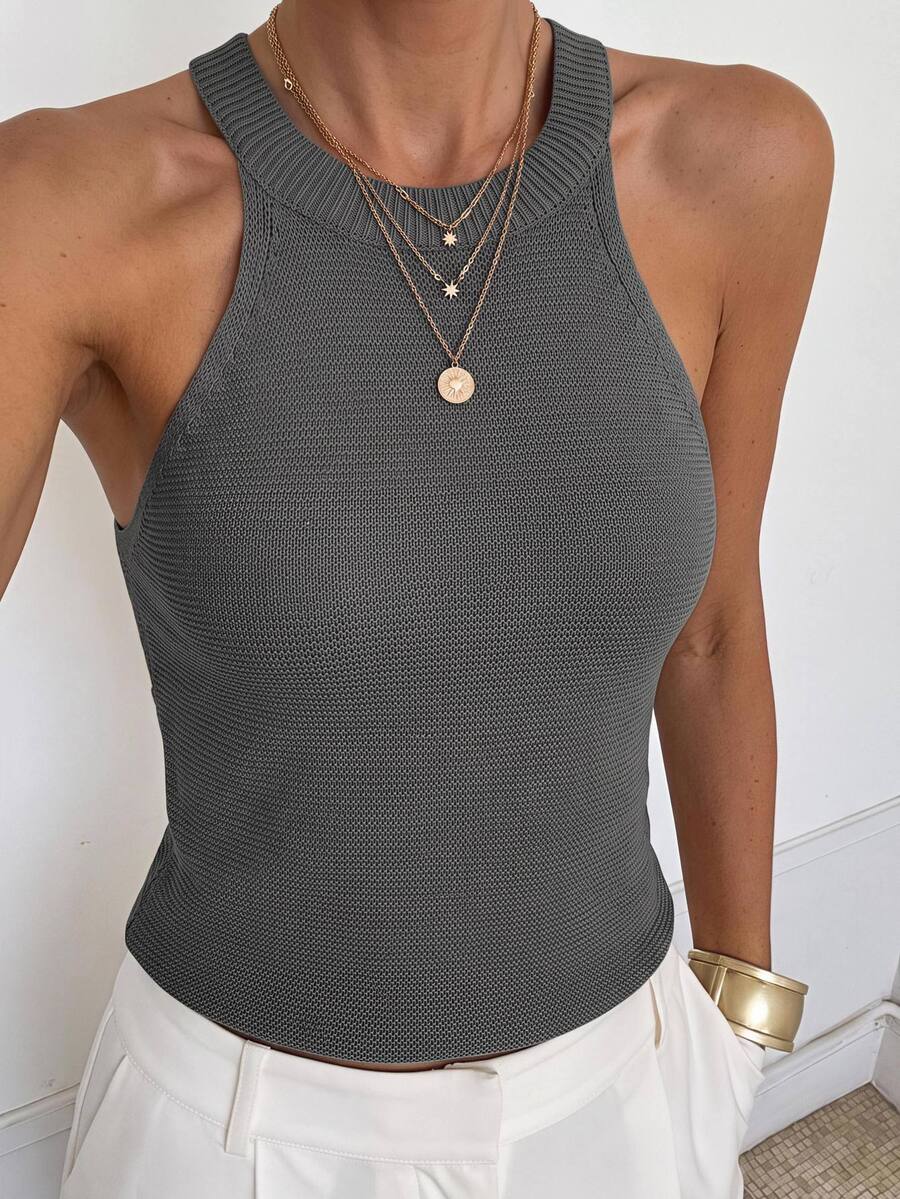 SHEIN LUNE Summer Casual Solid Color Halter Knitted Top - Dark Grey - View 1