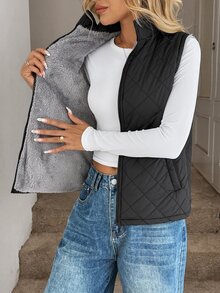 Easowa Zip Up Teddy Lined Vest Quilted Coat In Fall/Winter - Black - View 7
