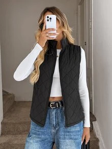 Easowa Zip Up Teddy Lined Vest Quilted Coat In Fall/Winter - Black - View 4