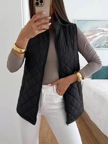 Easowa Zip Up Teddy Lined Vest Quilted Coat In Fall/Winter - Black - View 6