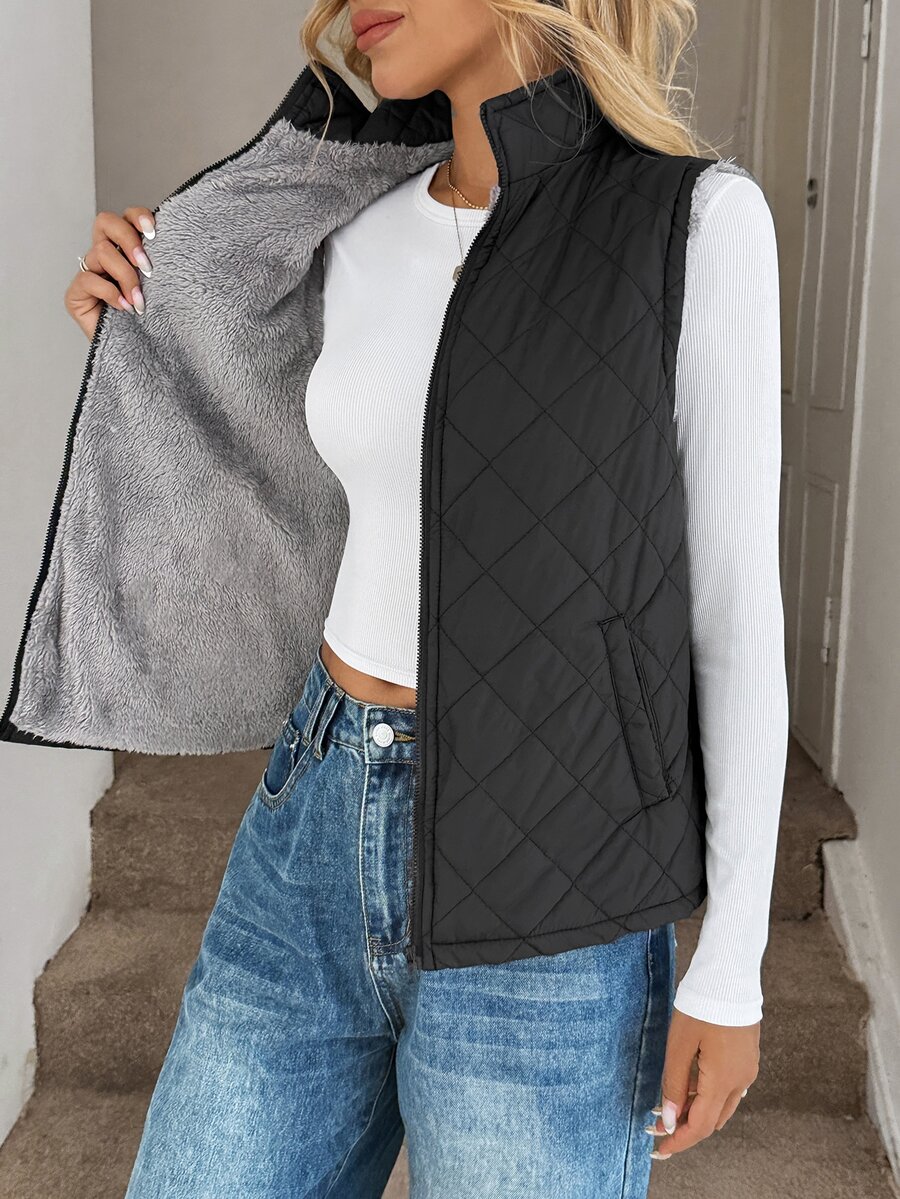 Easowa Zip Up Teddy Lined Vest Quilted Coat In Fall/Winter - Black - View 1
