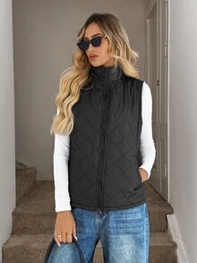 Easowa Zip Up Teddy Lined Vest Quilted Coat In Fall/Winter - Black - View 3
