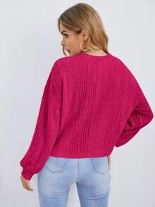 Easowa Pearls Detail Rib Knit Tee,Casual - Hot Pink - View 6