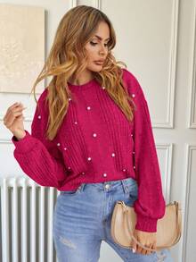 Easowa Pearls Detail Rib Knit Tee,Casual - Hot Pink - View 1