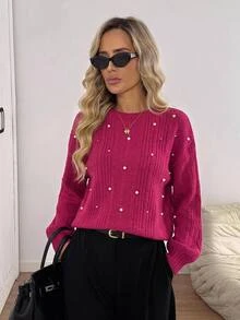 Easowa Pearls Detail Rib Knit Tee,Casual - Hot Pink - View 8