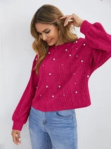 Easowa Pearls Detail Rib Knit Tee,Casual - Hot Pink - View 5