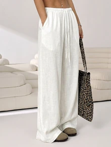 Solflare Plus Size Women's Solid Color Drawstring Waist Wide Leg Loose Casual Pants Formal Beach Vacation Party Vacation White Autumn Fall - White - View 3