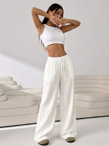 Solflare Plus Size Women's Solid Color Drawstring Waist Wide Leg Loose Casual Pants Formal Beach Vacation Party Vacation White Autumn Fall - White - View 5