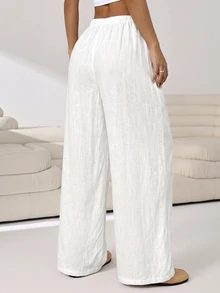 Solflare Plus Size Women's Solid Color Drawstring Waist Wide Leg Loose Casual Pants Formal Beach Vacation Party Vacation White Autumn Fall - White - View 2
