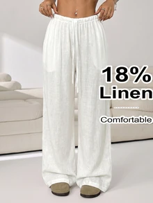Solflare Plus Size Women's Solid Color Drawstring Waist Wide Leg Loose Casual Pants Formal Beach Vacation Party Vacation White Autumn Fall - White - View 1