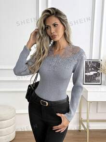 SHEIN Holidaya 女款蕾絲飾邊休閒百搭日常穿著長袖針織衫 - 灰色 - 查看 4