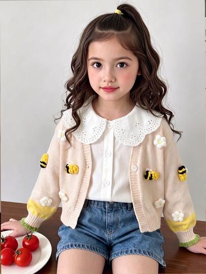 Young Girl 3D Floral Butterfly & Bee Pattern Casual Versatile Daily Wear Cardigan Autumn Fall